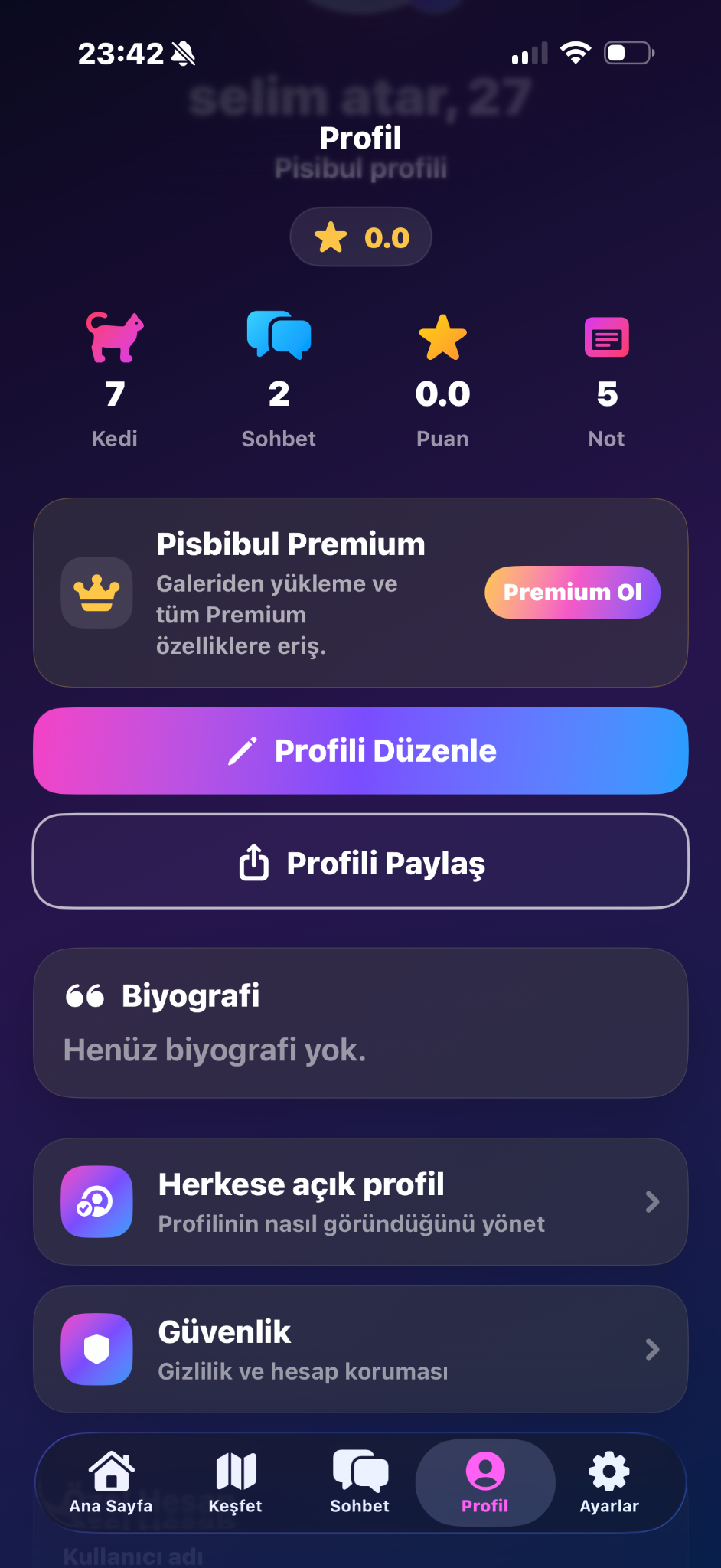 Pisbibul profil ekranı